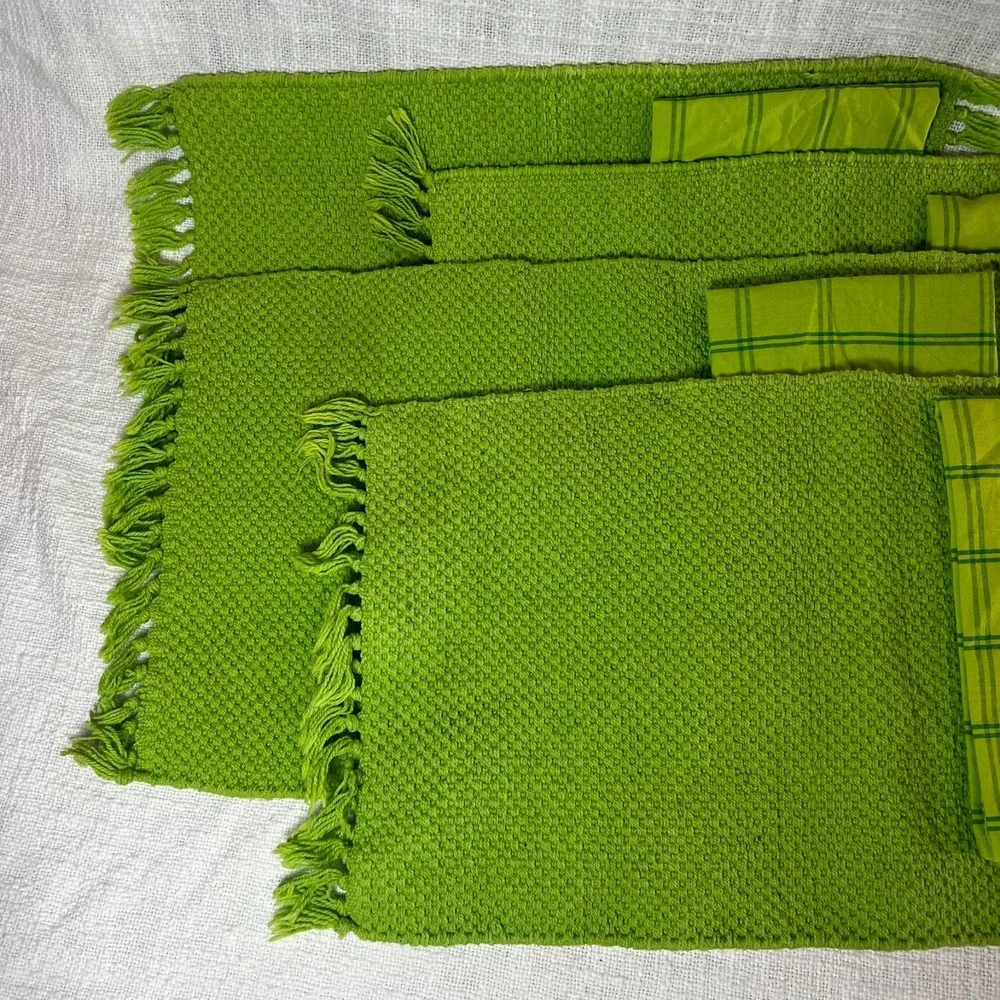 Vintage Pier 1 Imports Placemat Napkin Set Green Fringe Plaid Cotton‎ Farmhouse